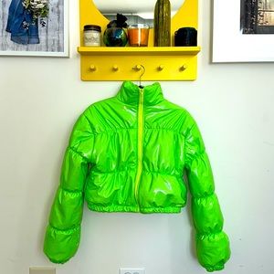 SOLD! MOON BUNNY Neon Green front zip crop jacket with neon yellow lining